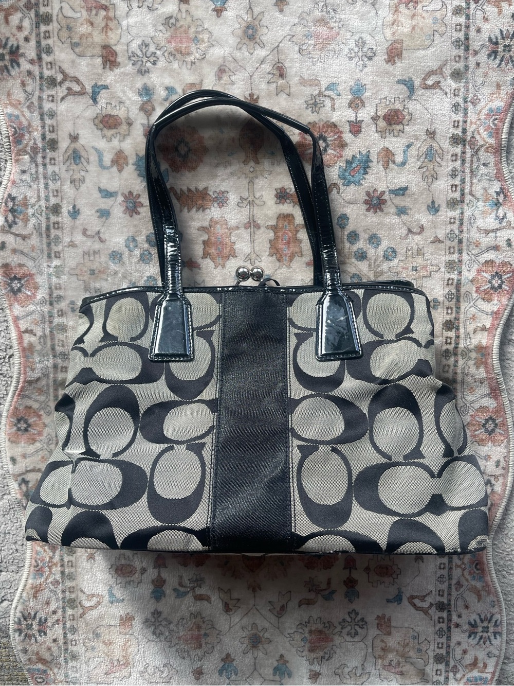 Coach Black and Gray Signature Kisslock Canvas Tote